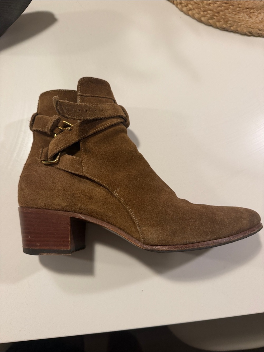 Saint Laurent Brown Suede Ankle Boot with Buckle Detail